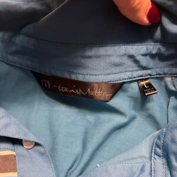 Travis Mathew Blue Colorblock Striped Short Sleeves Polo T-Shirt Size Large - Picture 3 of 9
